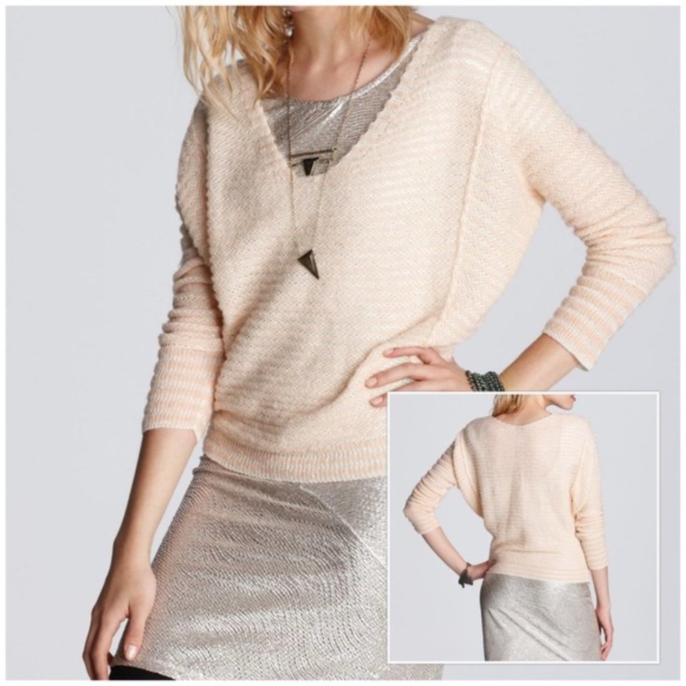 Free People Blush Oversized V Neck Striped Sweater